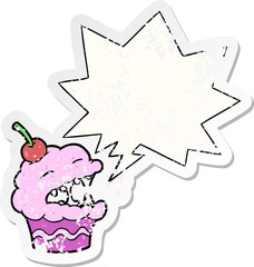 funny cartoon cupcake and speech bubble distressed sticker