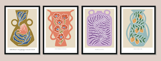 Vector illustration set of botanical printable posters. Matisse style illustration set. Art for for postcards, wall art, banner, background.	
