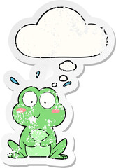cute cartoon frog and thought bubble as a distressed worn sticker