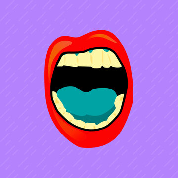 ilustraci&oacute;n de boca, boca roja, lengua azul, dientes  