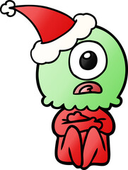 gradient cartoon of a cyclops alien spaceman wearing santa hat