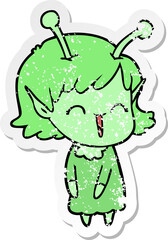 distressed sticker of a cartoon alien girl laughing