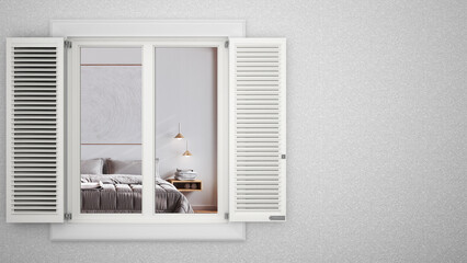 Exterior plaster wall with white window with shutters, showing interior minimalist bedroom, blank background with copy space, architecture design concept idea, mockup template