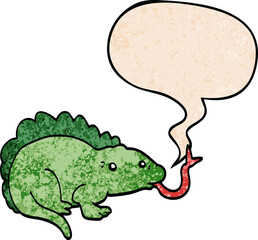 cartoon lizard and speech bubble in retro texture style
