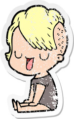 distressed sticker of a cute cartoon girl with hipster haircut