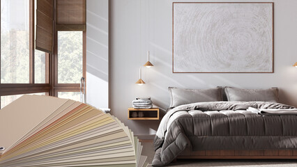 Color palette close up sample. Paint selection catalog over interior design scene, japandi bedroom...