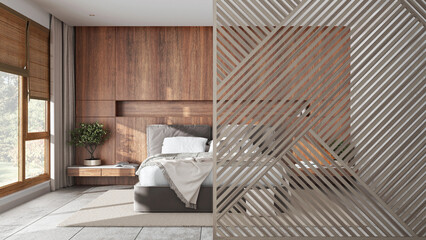 Wooden panel close-up, minimalist wooden bedroom with double bed with blankets and pillows, shelves. Zen interior design concept idea, contemporary architecture template
