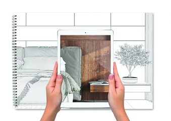 Hands holding tablet showing wooden bedroom with bed, total blank project background, augmented reality concept, application to simulate furniture and interior design products