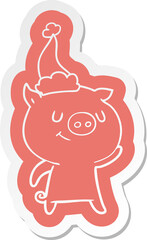 happy cartoon  sticker of a pig wearing santa hat