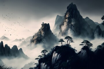 Chinese mountains, misty clouds surrounding them. trees growing on mountain edges, ink and water landscape painting, Generative AI