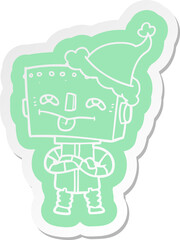 cartoon  sticker of a robot wearing santa hat