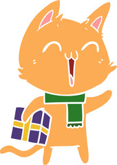 happy flat color style cartoon cat with christmas gift