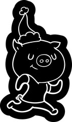 happy cartoon icon of a pig running wearing santa hat