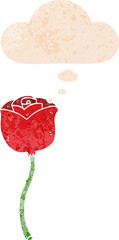cartoon rose and thought bubble in retro textured style