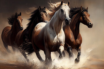 A beautiful painting of a running horses, free, magnificent