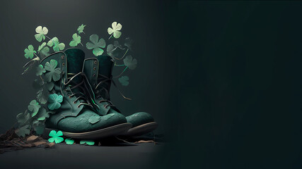 Patrick's Day. Green shoes with shamrock leaves on a green background. Banner. Generative AI