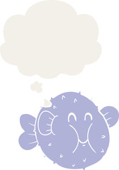 cartoon puffer fish and thought bubble in retro style