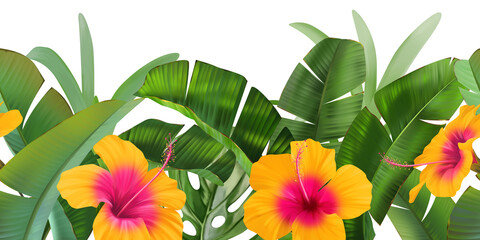 Seamless pattern border from tropical leaves and flowers. for printing on fabric, paper. summer exotic hawaiian pattern - obrazy, fototapety, plakaty