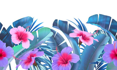 Seamless pattern border from tropical leaves and flowers. for printing on fabric, paper. summer exotic hawaiian pattern