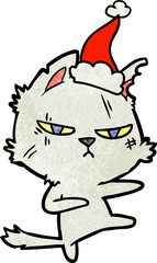 tough textured cartoon of a cat wearing santa hat