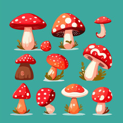 Cartoon mushrooms. Vector illustration, print for background, print on fabric, paper, wallpaper, packaging.	