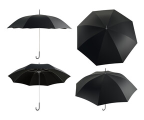 3d rendering of an open black umbrella from various perspectives