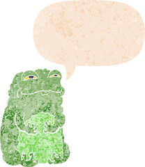 cartoon smug toad and speech bubble in retro textured style