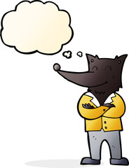 cartoon wolf in shirt with thought bubble