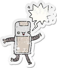 cartoon robot and speech bubble distressed sticker