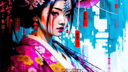 A modern drawing of a geisha in japan. Geisha in classic Japanese costume. Drawing of a Japanese woman in a classic costume. Geisha drawing in Japanese culture. Colorful makeup in Japan. Generative AI - obrazy, fototapety, plakaty