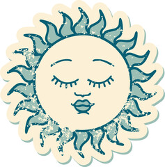 distressed sticker tattoo style icon of a sun with face