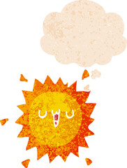 cartoon sun and thought bubble in retro textured style