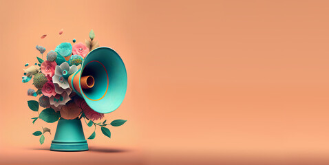 Megaphone with colorful pastel summer flowers, advertising and marketing concept, social media, announce positive and creative idea, generative AI