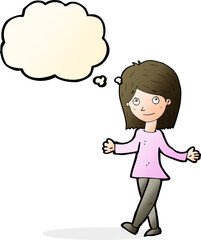 cartoon woman with no worries with thought bubble