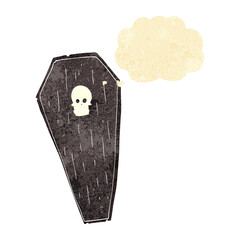 spooky cartoon coffin with thought bubble