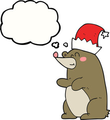 thought bubble cartoon bear wearing christmas hat