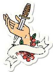 grunge sticker with banner of a dagger in the hand