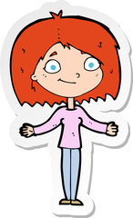 sticker of a cartoon woman shrugging shoulders