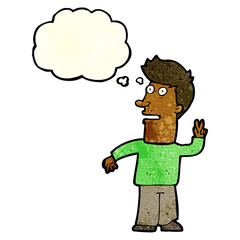 cartoon man making peace sign with thought bubble