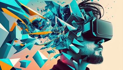 AI Metaverse concept collage design with man wearing VR headset floating though abstract shapes, man with smart glasses futuristic technology