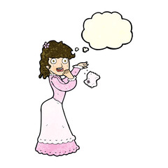 cartoon victorian woman dropping handkerchief with thought bubble