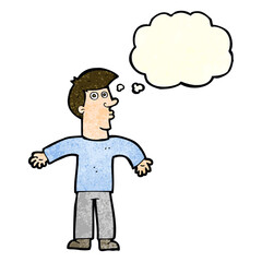 cartoon man shrugging shoulders with thought bubble
