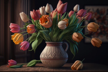 Bouquet of tulips in a vase on the table. AI generative.