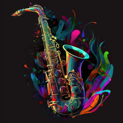 A Surreal Illustration of a Color Saxophone - obrazy, fototapety, plakaty