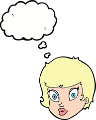 cartoon surprised female face with thought bubble