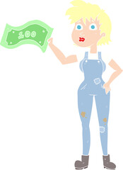 flat color illustration of a cartoon confident farmer woman with money