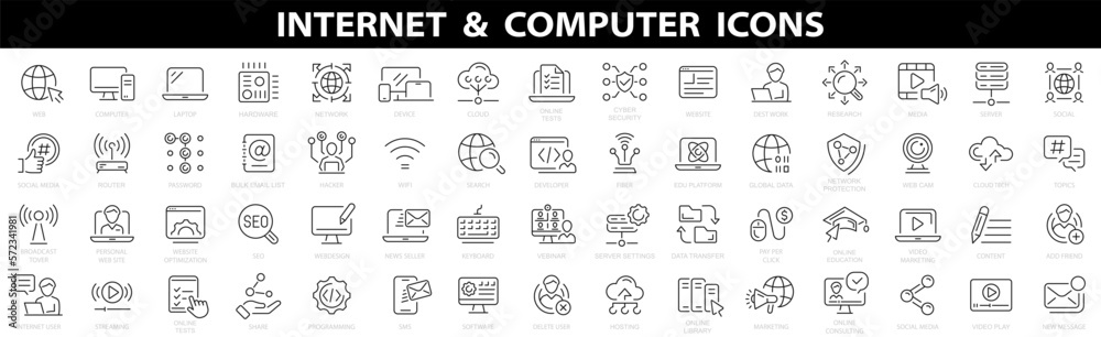 Wall mural internet computer line icon set. website icon for contact icons. computer, network, website, server,