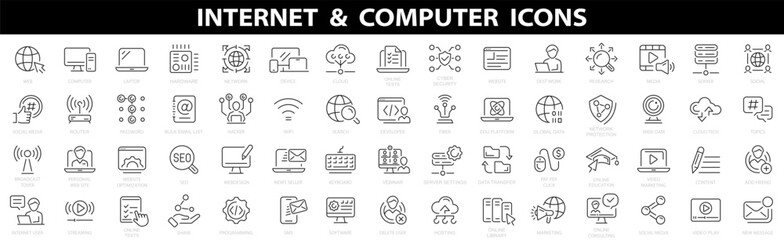 Internet computer line icon set. Website icon for contact icons. Computer, network, website, server, web design, hardware, software and more. Website set icon vector. Vector illustration