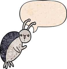 cartoon beetle and speech bubble in retro texture style