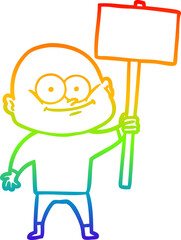 rainbow gradient line drawing cartoon bald man staring with sign
